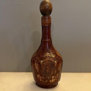 Vintage MCM Leather Wrapped Glass Decanter Bottle W/ Wooden Stopper Lion Crest